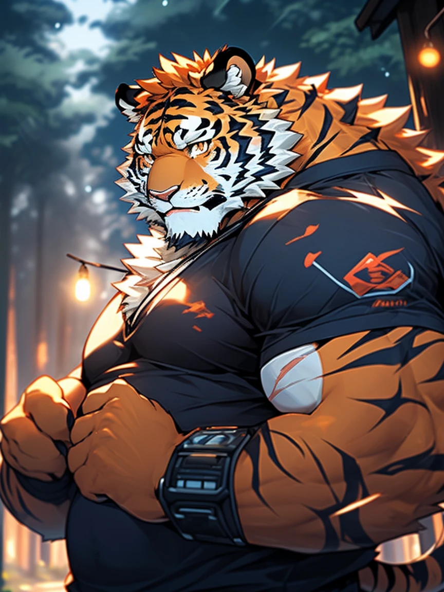 human nature, Wildlife, male,36 years old,Uncle, solitary, ((Round Face, The face is plump,Orange eyes,Thick orange hair,With scars)), ((Endomorph, Handsome,Hot Blood)), (Mecha suit,No electricity,exhaustion), ((domestic tiger, tiger,) Fluffy fur, Fluffy), Bokeh, (high quality, high resolution, masterpiece), (Dynamic Lighting, Vibrant colors), (Revitalize,harm,Disdain), Full body picture (close up), cartoon, author:Takemoto Arashi, From zixiong, By Chunni, author:Empty Ghost,(background:Rainy forest)