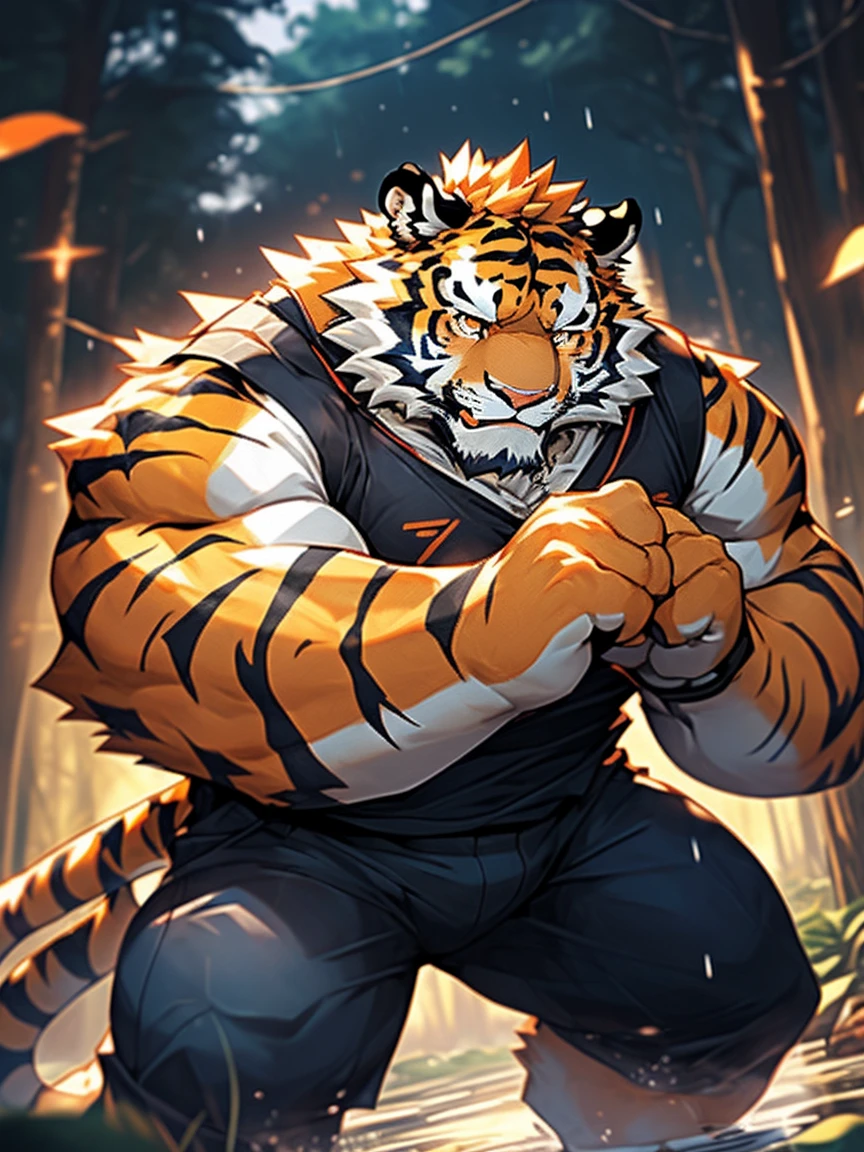 human nature, Wildlife, male,36 years old,Uncle, solitary, ((Round Face, The face is plump,Orange eyes,Thick orange hair,With scars)), ((Endomorph, Handsome,Hot Blood)), (Mecha suit,No electricity,exhaustion), ((domestic tiger, tiger,) Fluffy fur, Fluffy), Bokeh, (high quality, high resolution, masterpiece), (Dynamic Lighting, Vibrant colors), (Revitalize,harm,Disdain), Full body picture (close up), cartoon, author:Takemoto Arashi, From zixiong, By Chunni, author:Empty Ghost,(background:Rainy forest)