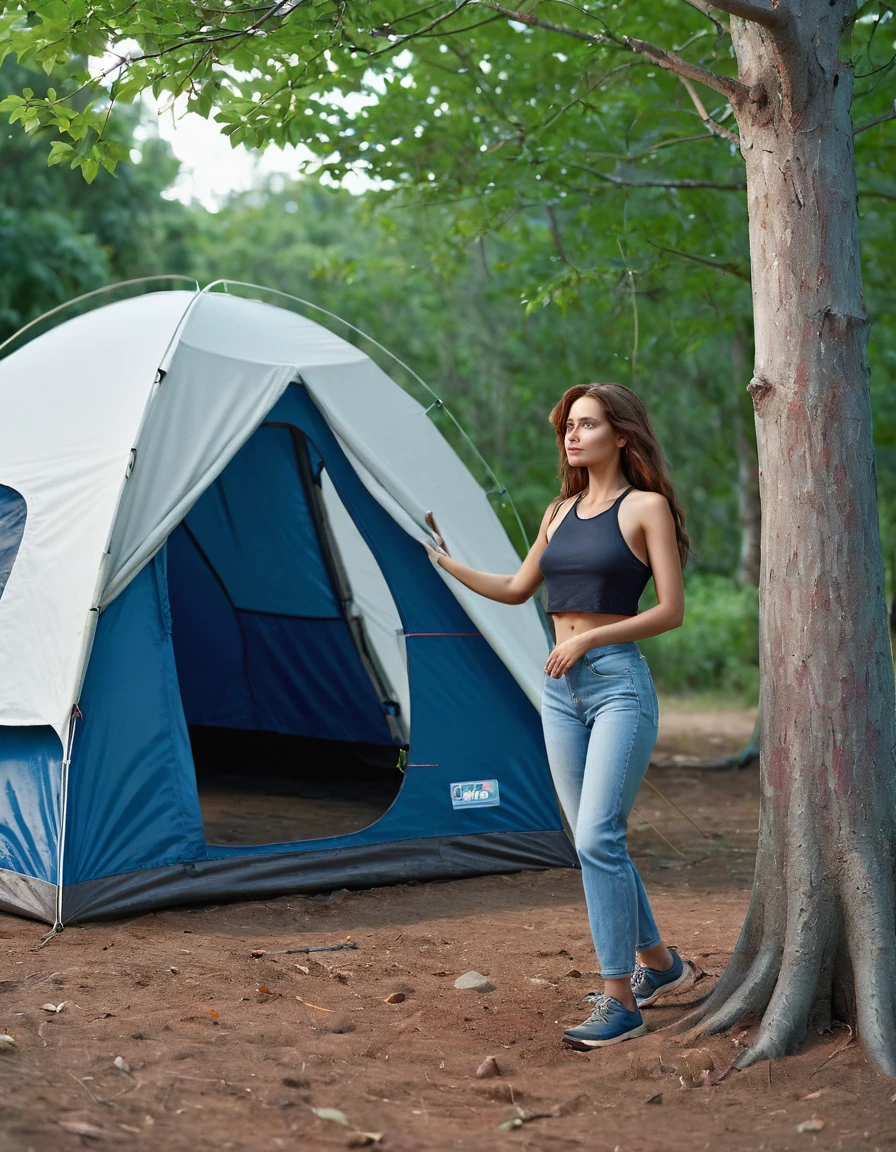 The image shows a 3D render figure resambling a stunning woman with her skin made in glossy white porcelain. She is standing outdoors, with a tent set up behind her. The tent has a blue and red color scheme, suggesting it might be a camping tent. The woman is wearing a black top and has a long hair tied. She is standing in front of a tree with lush green leaves, indicating a natural, possibly wooded, environment. The ground is covered with dirt, and there is a water bottle visible in the foreground. The overall setting suggests a casual, outdoor recreational activity, possibly camping or hiking.