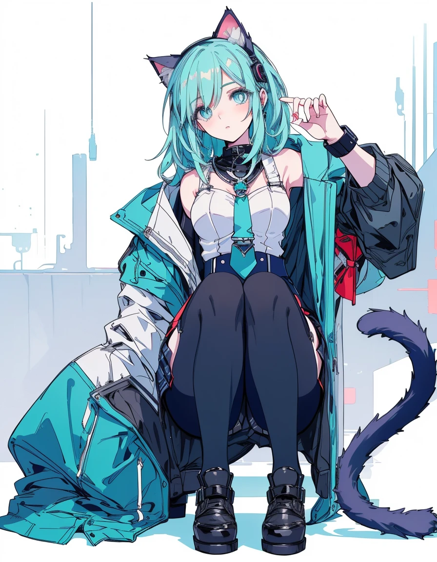 cyber punk, midnight, full body, ((masterpiece, best quality:1.5)), ((Beautiful detailed cat aqua eyes:1.2)), cat ears, pale skin, medium breasts, beautiful hands, beautiful fingers, EasyNegative