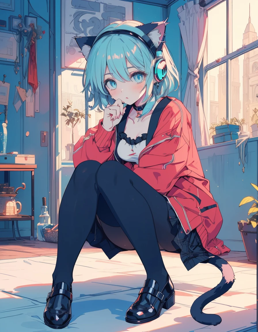 cyber punk, midnight, full body, ((masterpiece, best quality:1.5)), ((Beautiful detailed cat aqua eyes:1.2)), cat ears, pale skin, medium breasts, beautiful hands, beautiful fingers, EasyNegative