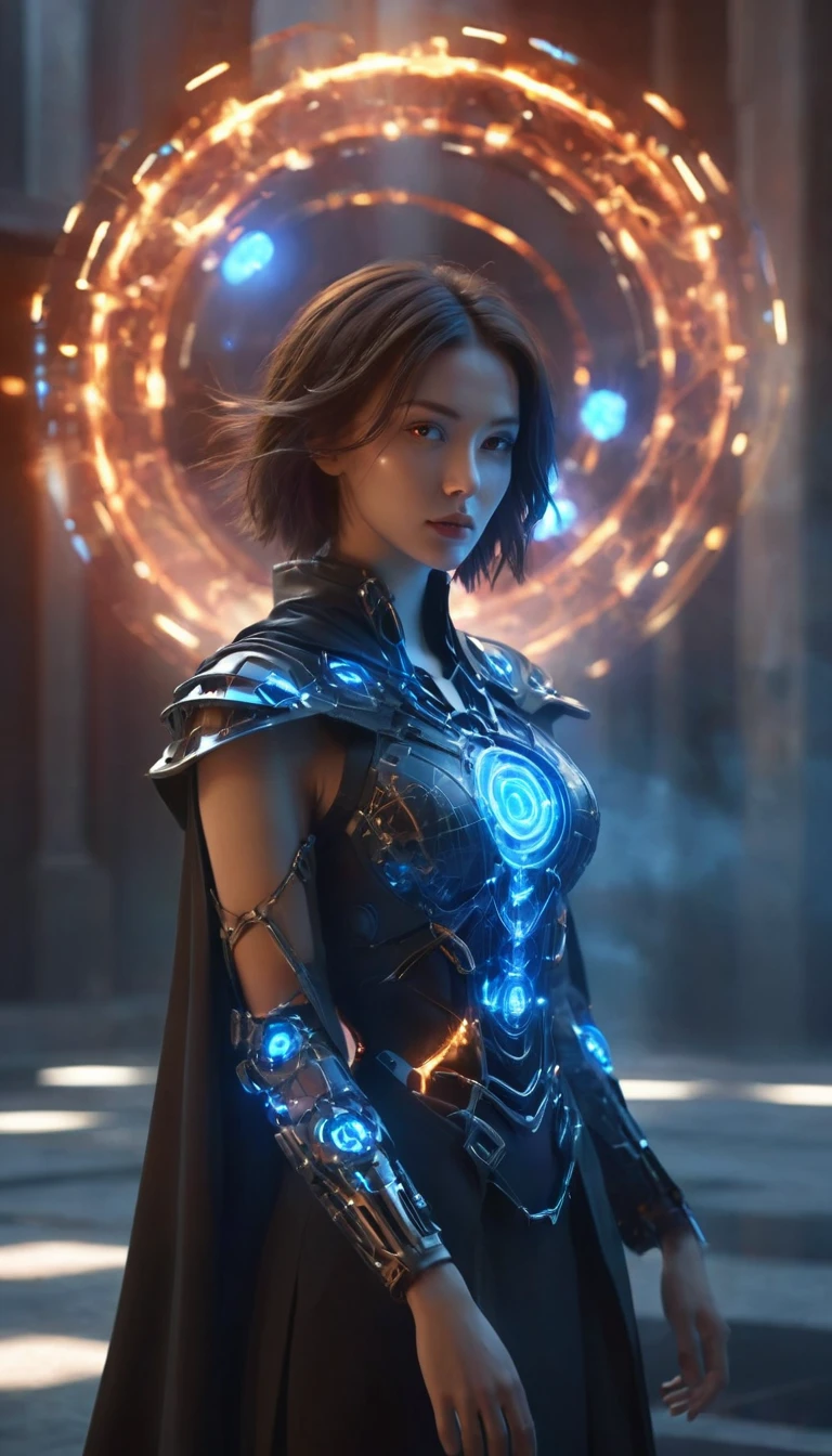 magic circle,magic array,magic circles,magic array,1girl,mecha,black,cloak, (close up), (face close up), cleavage,dark style,ultra wide,octane render masterpiece,beautiful depth of field,ultra wide field,ultra detailed CG perspective,ultra dynamic lighting amazing shadows,cityscape,hell,blue fluorescence,