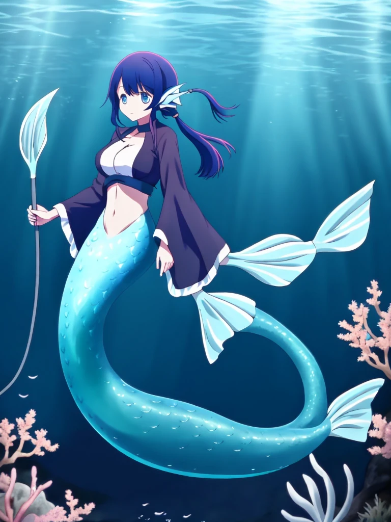 Witch Mermaid, with human ears, swimming, long ponytail, fullbody,