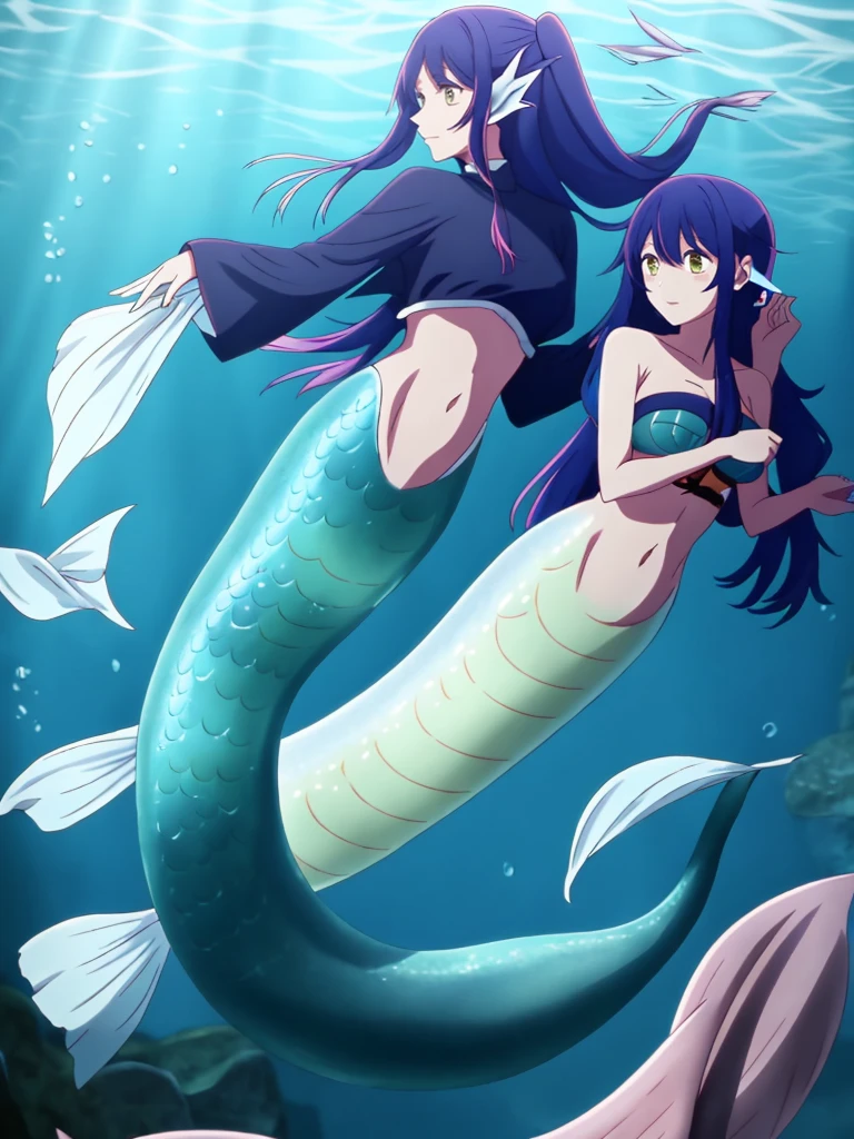 Witch Mermaid, with human ears, swimming, long ponytail, fullbody,
