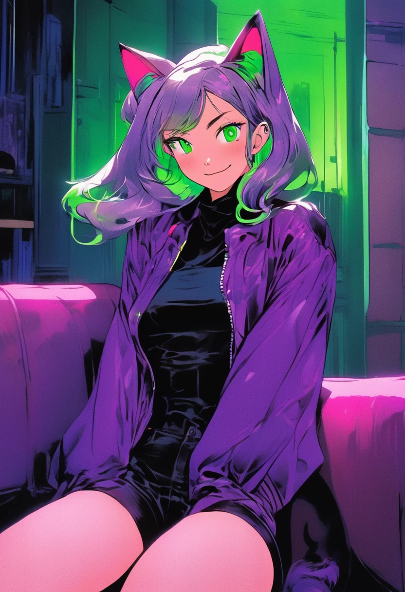 neon_pop art style, retro art style, art style,manga style,classical,art by Akira Toriyama, 1girl,slender ,cat ears,straight long green hair,light green eyes, ,medium breasts,soft expression,smile,blush,serioes eyes,

BREAK

wearing a jacket, purple t-shirt, short shorts jeans, latex leggings,
sitting in a living room,detailed livingroom background,couch, front view ,arms extented aprat,looking at viewer,cowboy shot,volumetric light,studio lighting,lanse flare abuse,38 mm photograph.
