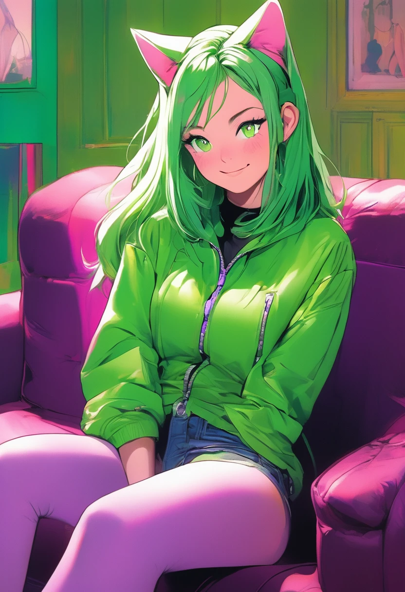 neon_pop art style, retro art style, art style,manga style,classical,art by Akira Toriyama, 1girl,slender ,cat ears,straight long green hair,light green eyes, ,medium breasts,soft expression,smile,blush,serioes eyes,

BREAK

wearing a jacket, purple t-shirt, short shorts jeans, latex leggings,
sitting in a living room,detailed livingroom background,couch, front view ,arms extented aprat,looking at viewer,cowboy shot,volumetric light,studio lighting,lanse flare abuse,38 mm photograph.