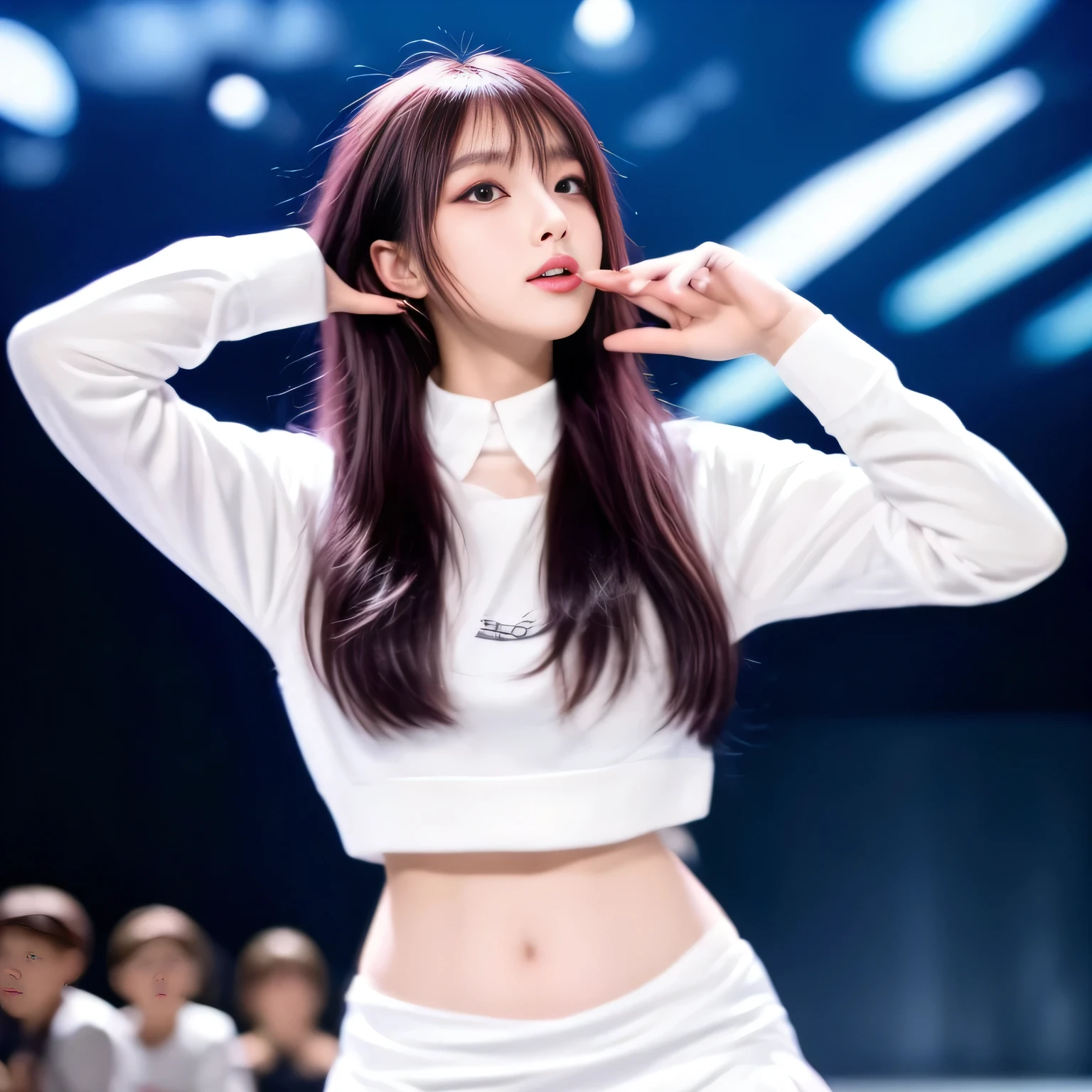 A 18 yo girl wearing a short skirt and a white shirt is holding a maiku , performing on stage, on stage, on stageで, Beldelfinn, On Stage, Roseanne Park from Blackpink, Lalisa Manoban of Blackpink, live on stage, Wearing White miniskirt, whole body! Pretty face, Korean Idol, spring day