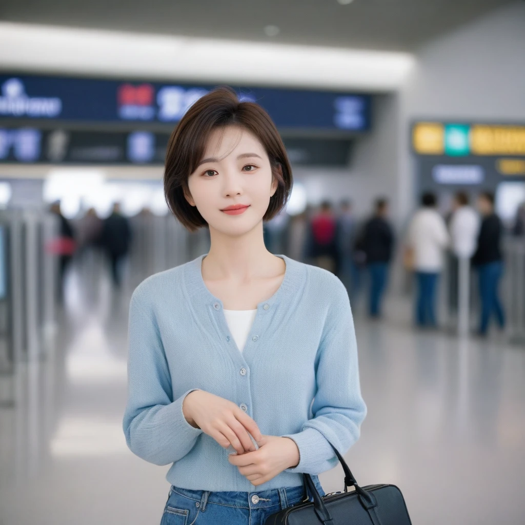 Beautiful 50s Korean woman , 32 inch chest size, Your eyes are big and pretty. Short in stature. Standing in the departure hall of the airport. . short medium hair, Standing in line at the departure hall of Frankfurt Airport, Germany. Wear comfortable travel clothes with jeans. .Dragging a suitcase. short medium hair, short height, Full body shot with Canon camera 16-35 wide angle lens, short medium hair. expressionless, full body shot, perfect fingers, Make the airport electronic display visible, 멀리 full body shot, I see an electronic display board, short woman, Standing in line at the airport departure hall