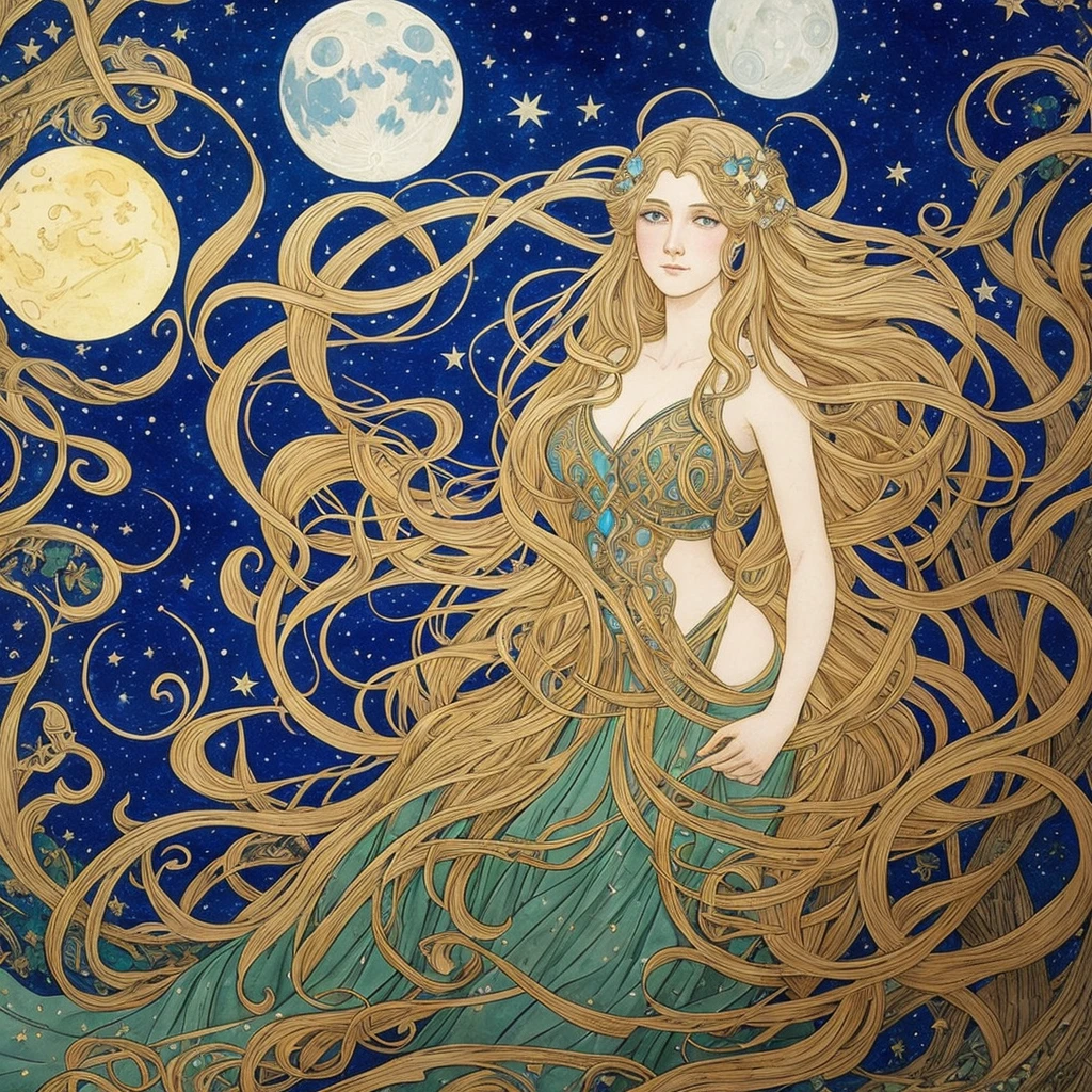 a woman with a crescent and stars in her hair, moon goddess, goddess of the moon, lunar goddess, portrait of a norse moon goddess, celestial goddess, goddess of the hunt and the moon, goddess art, beautiful depiction, cosmic goddess, goddess of space and time, by Rebecca Guay, the moon behind her, portrait of a cosmic goddess