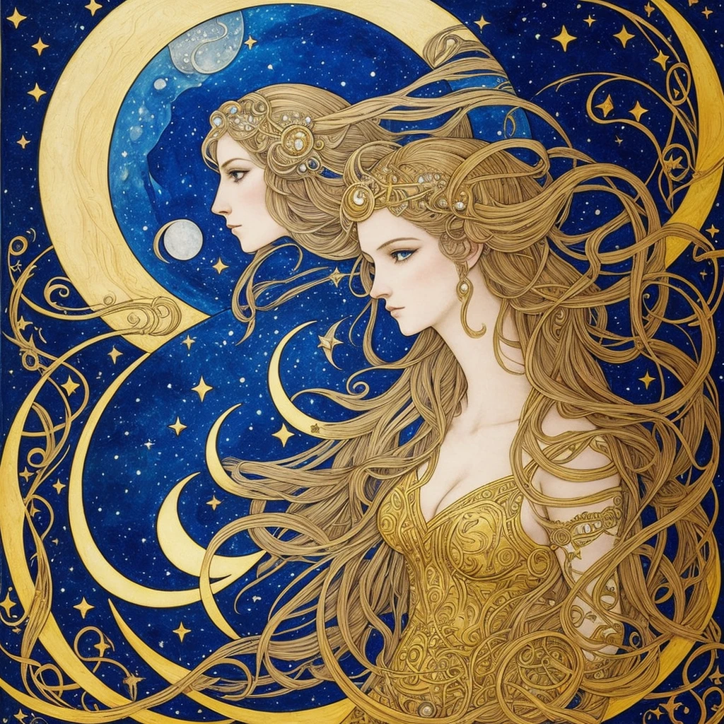 a woman with a crescent and stars in her hair, moon goddess, goddess of the moon, lunar goddess, portrait of a norse moon goddess, celestial goddess, goddess of the hunt and the moon, goddess art, beautiful depiction, cosmic goddess, goddess of space and time, by Rebecca Guay, the moon behind her, portrait of a cosmic goddess
