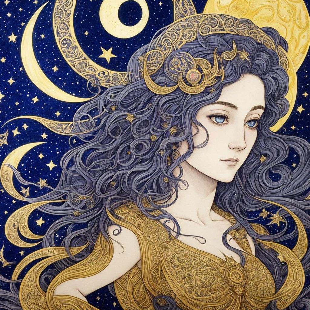 a woman with a crescent and stars in her hair, an ultrafine detailed painting by Rebecca Guay, tumblr, psychedelic art, moon goddess, goddess of the moon, lunar goddess, portrait of a norse moon goddess, celestial goddess, goddess of the hunt and the moon, goddess art, beautiful depiction, cosmic goddess, goddess of space and time, portrait of a cosmic goddess
