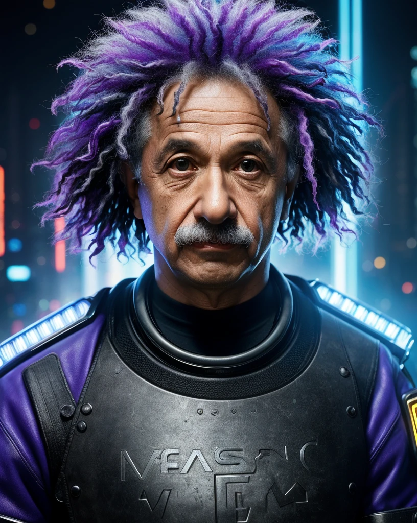 (Masterpiece, Best Quality), Albert Einstein (as a cyberpunk warrior), 1 man, epic (Photo, studio lighting, Hard light, Sony A7, 50 millimeters, matte skin, pores, colors, hyperdetailed, Hyper realistic), ultra-sharp,