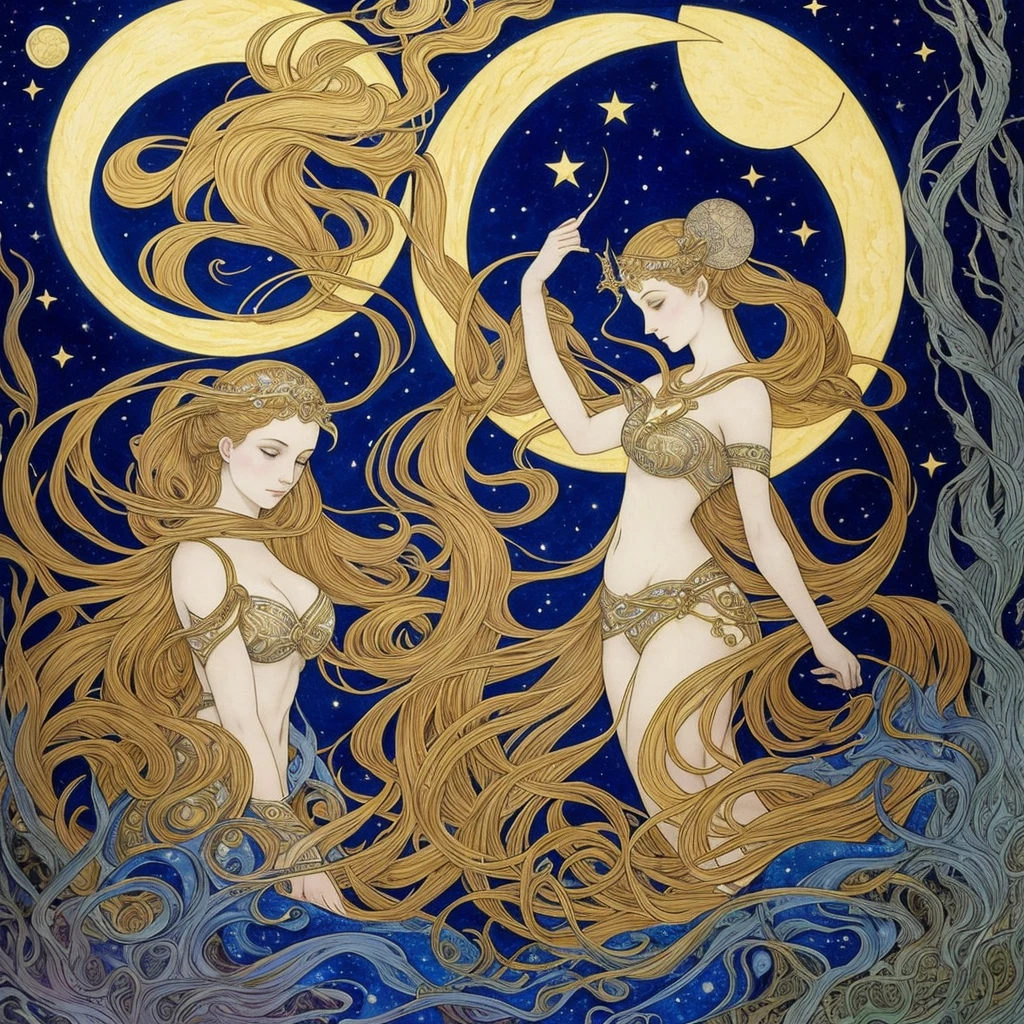 a woman with a crescent and stars in her hair, moon goddess, goddess of the moon, lunar goddess, portrait of a norse moon goddess, celestial goddess, goddess of the hunt and the moon, goddess art, beautiful depiction, cosmic goddess, goddess of space and time, by Rebecca Guay, the moon behind her, portrait of a cosmic goddess