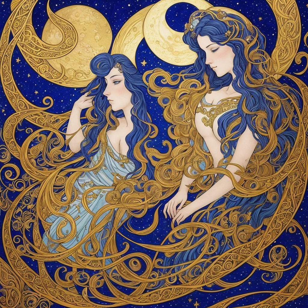 a woman with a crescent and stars in her hair, moon goddess, goddess of the moon, lunar goddess, portrait of a norse moon goddess, celestial goddess, goddess of the hunt and the moon, goddess art, beautiful depiction, cosmic goddess, goddess of space and time, by Rebecca Guay, the moon behind her, portrait of a cosmic goddess