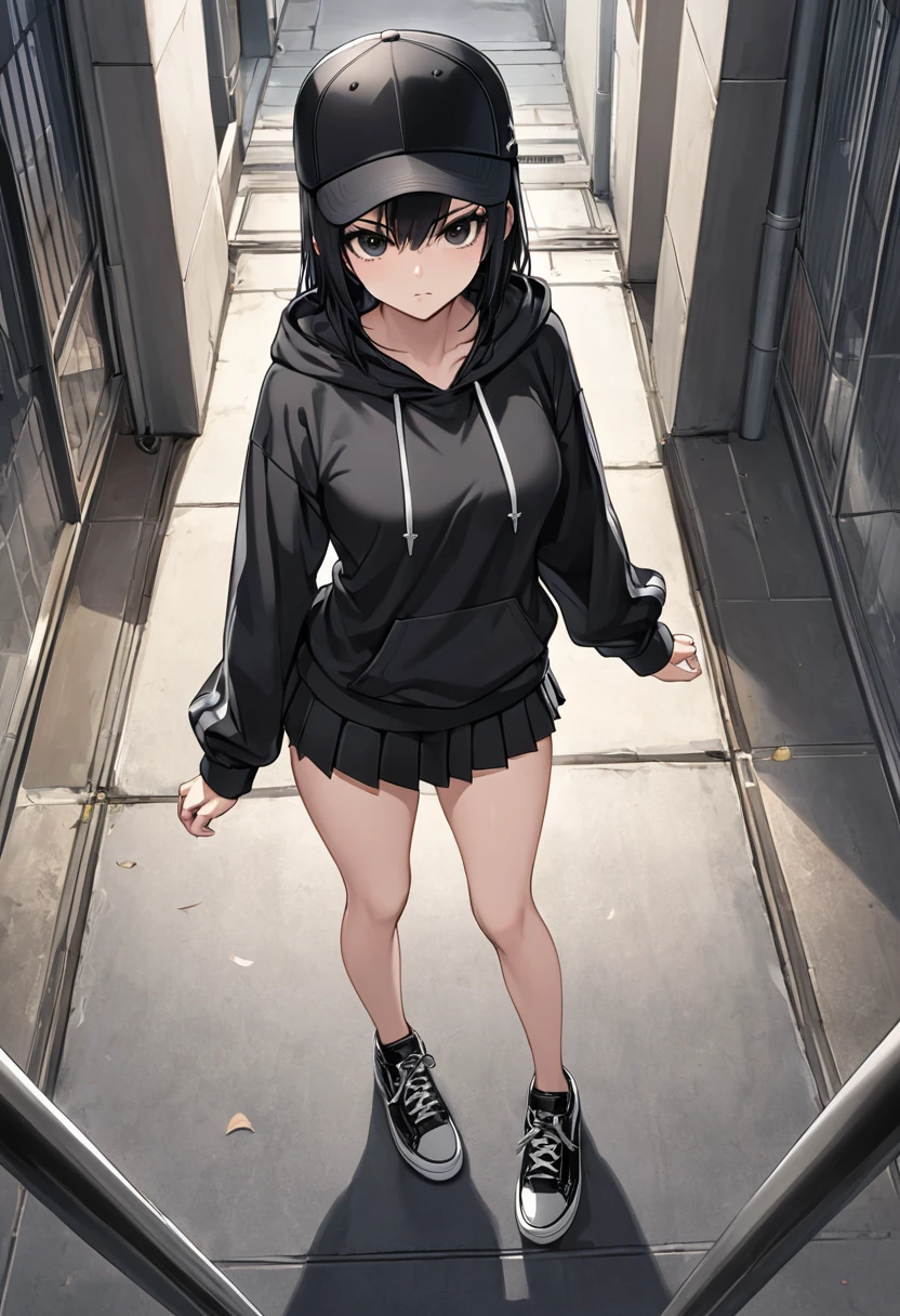 Black miniskirt , Black sneakers , Black hoodie , pleated skirt , whole body , thighs , assassin , black hair , black eyes , black ball cap , long sleeves , bare legs , standing posture , View from above