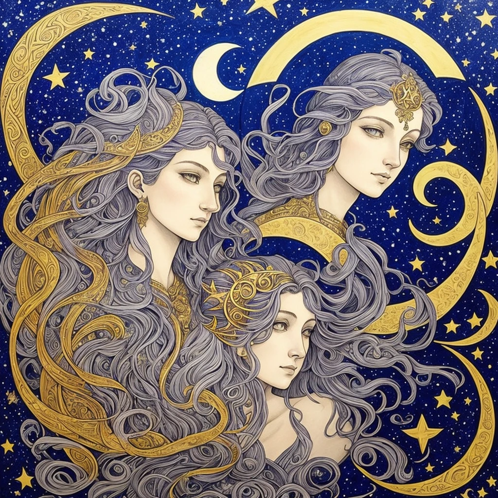 a woman with a crescent and stars in her hair, an ultrafine detailed painting by Rebecca Guay, tumblr, psychedelic art, moon goddess, goddess of the moon, lunar goddess, portrait of a norse moon goddess, celestial goddess, goddess of the hunt and the moon, goddess art, beautiful depiction, cosmic goddess, goddess of space and time, portrait of a cosmic goddess