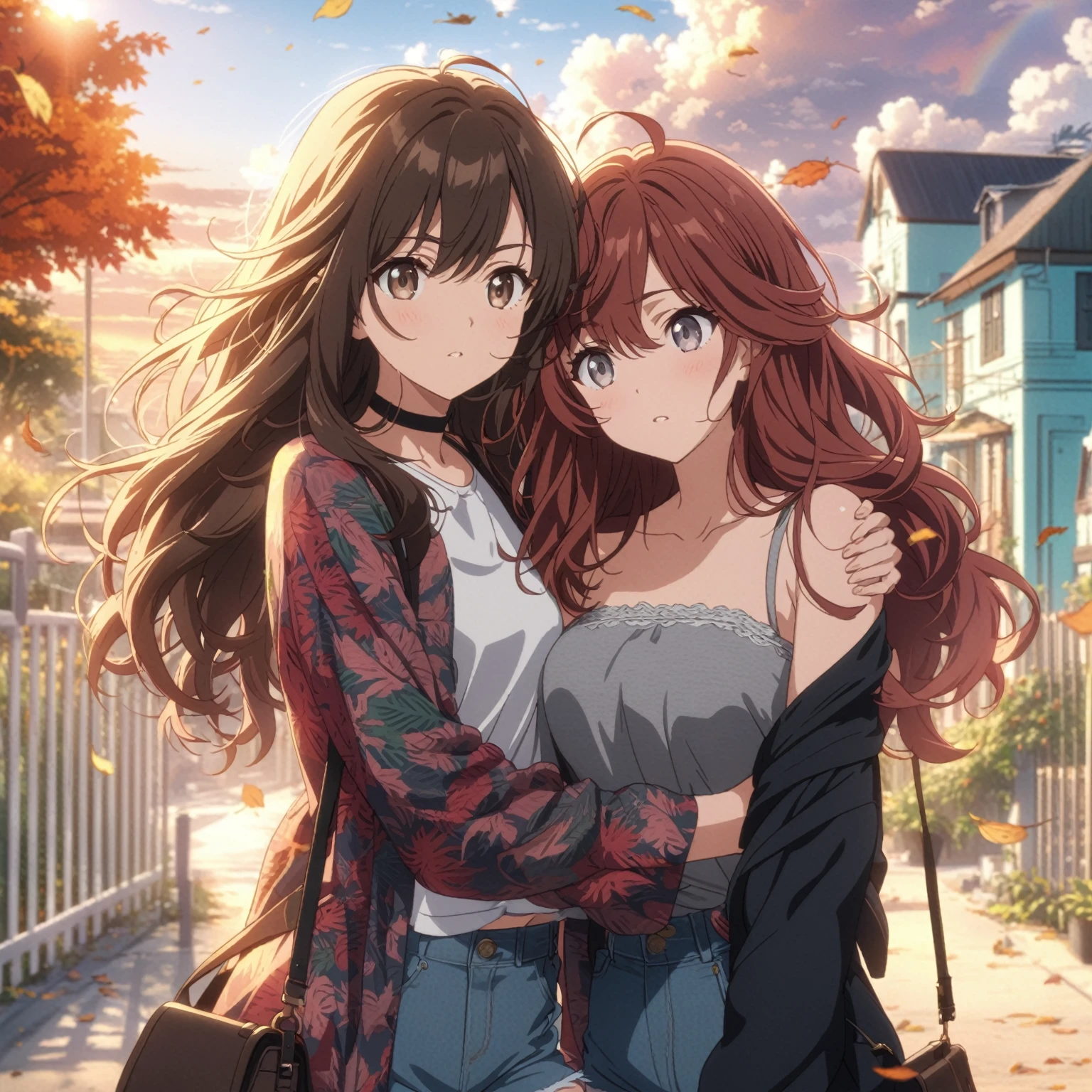 Best quality, masterpiece, looking away, young woman with very long brown hair swept bangs and brown eyes wearing white tank top and jean shorts hugging from behind shorter stoic young woman with dark red hair in low twin tails and gray eyes, gray strapless shirt with white trim, black jeans, satchel, anime, outdoors, autumn, sunrise, tropical, clouds,teal buildings, white steps, fence, road, people in background, falling leaves, clouds, trees, ferns, tropical, plants
