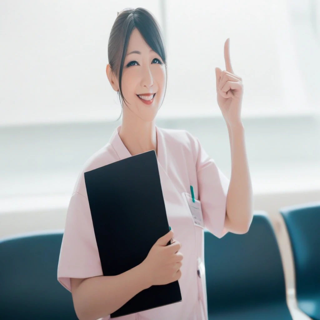 smiling female nurse holding a folder and pointing up, healthcare worker, clean medical environment, nursing, nurse girl, nurse, beginner, exclusive, holding a caduceus staff, with index finger, medical photography, asian female, portrait shot, holding a staff, health supporter, doctor, portrait of a female pathologist, japanese woman, japanese, medical doctor, marketing photo