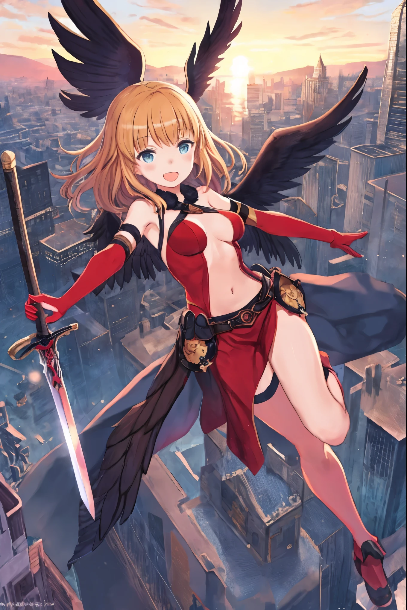 fantasy, 1girl, _teelond_hair,long_bangs, bare_shoulder, navel out, thighhighs,black_armor, red_clothes,waist_armor, Glebe, hold_sword, medium_breasts, dynamic_flying_pose,Floating, (1pair_black_wings:1.2),(pelvic_curtain:1.3), Headgear ,looking_down_city,sunset_city_sky_background,,slightly_spread_legs,some_swords_floating_around_the_girl,solo,light_smile,open_mouth,open_legs,open_arms,rise_knee,rise_leg,rise_thigh,rise_leg,forward_leaning_posture,apart_legs,