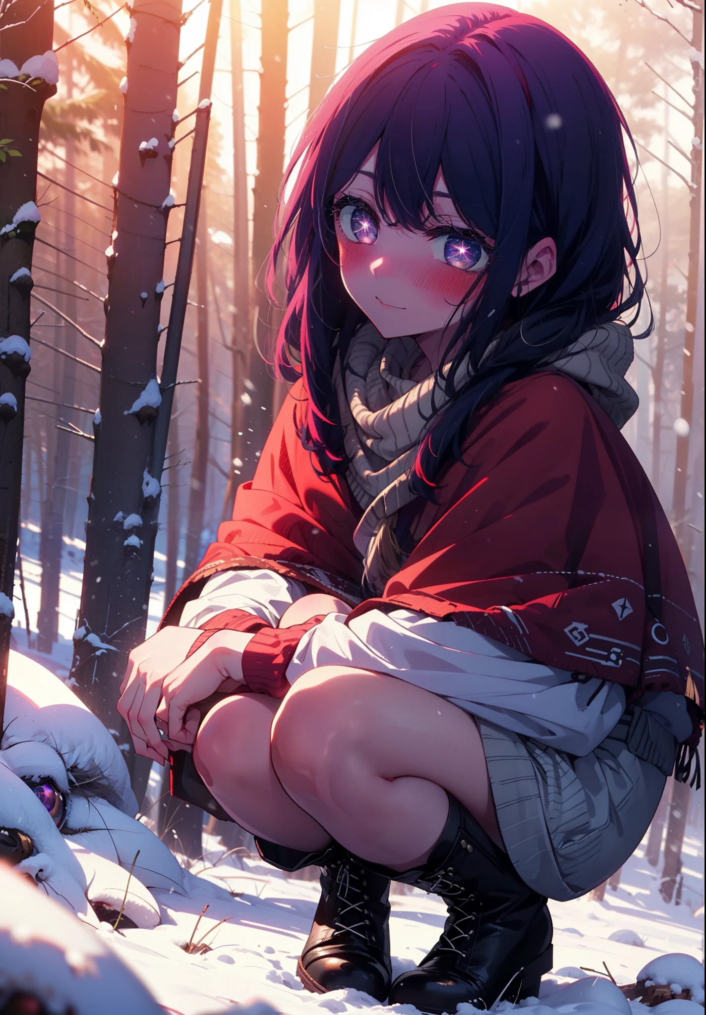 aihoshino, Ai Hoshino, Long Hair, bangs, (Purple eyes:1.1), Purple Hair, (Symbol-shaped pupil:1.5), smile,,smile,blush,White Breath,
Open your mouth,snow,Ground bonfire, Outdoor, boots, snowing, From the side, wood, suitcase, Cape, Blurred, , forest, White handbag, nature, Squat, Mouth closed, Cape, winter, Written boundary depth, Black shoes, red Cape break looking at viewer, Upper Body, whole body, break Outdoor, forest, nature, break (masterpiece:1.2), Highest quality, High resolution, unity 8k wallpaper, (shape:0.8), (Beautiful and beautiful eyes:1.6), Highly detailed face, Perfect lighting, Extremely detailed CG, (Perfect hands, Perfect Anatomy),