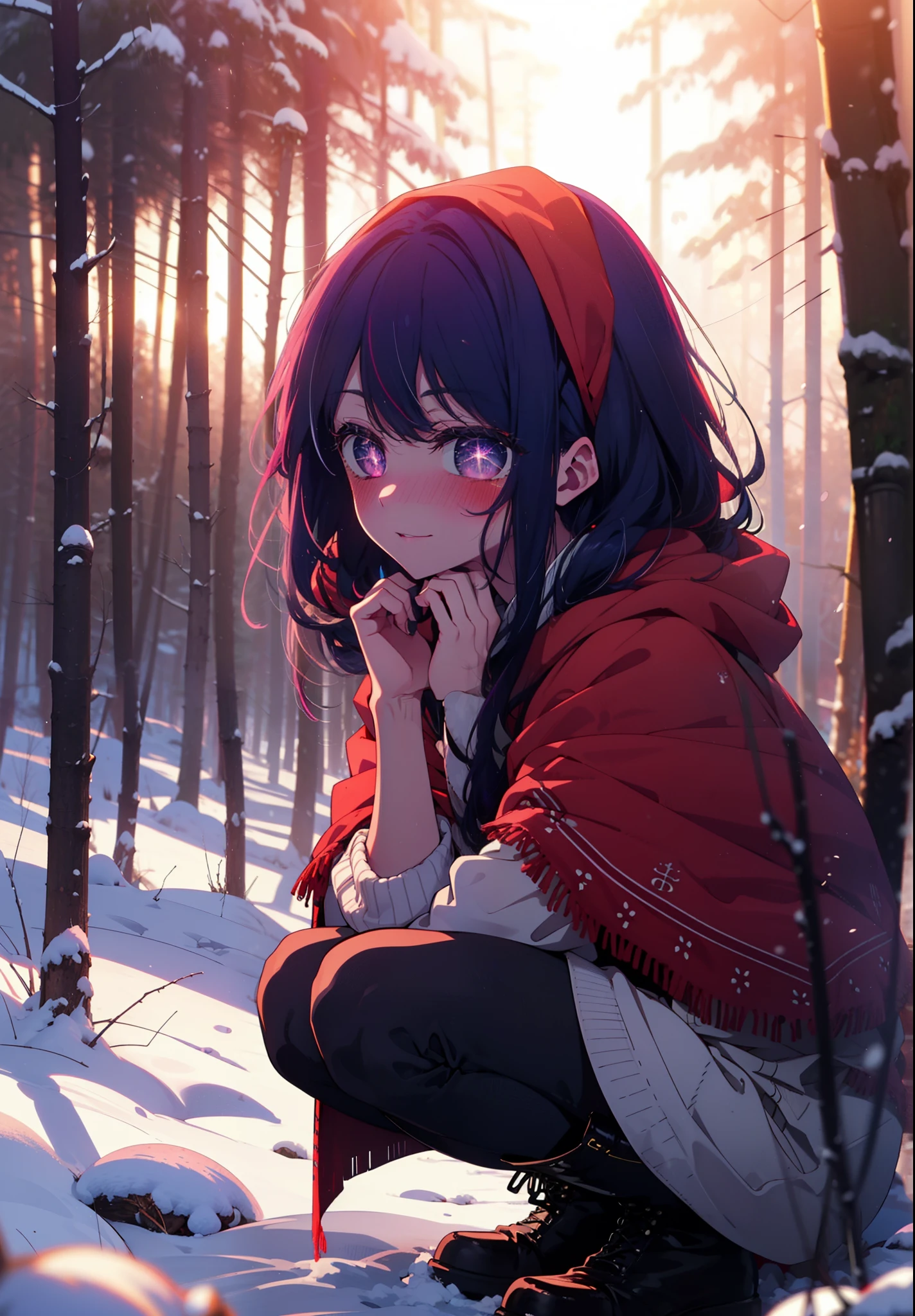 aihoshino, Ai Hoshino, Long Hair, bangs, (Purple eyes:1.1), Purple Hair, (Symbol-shaped pupil:1.5), smile,,smile,blush,White Breath,
Open your mouth,snow,Ground bonfire, Outdoor, boots, snowing, From the side, wood, suitcase, Cape, Blurred, , forest, White handbag, nature, Squat, Mouth closed, Cape, winter, Written boundary depth, Black shoes, red Cape break looking at viewer, Upper Body, whole body, break Outdoor, forest, nature, break (masterpiece:1.2), Highest quality, High resolution, unity 8k wallpaper, (shape:0.8), (Beautiful and beautiful eyes:1.6), Highly detailed face, Perfect lighting, Extremely detailed CG, (Perfect hands, Perfect Anatomy),