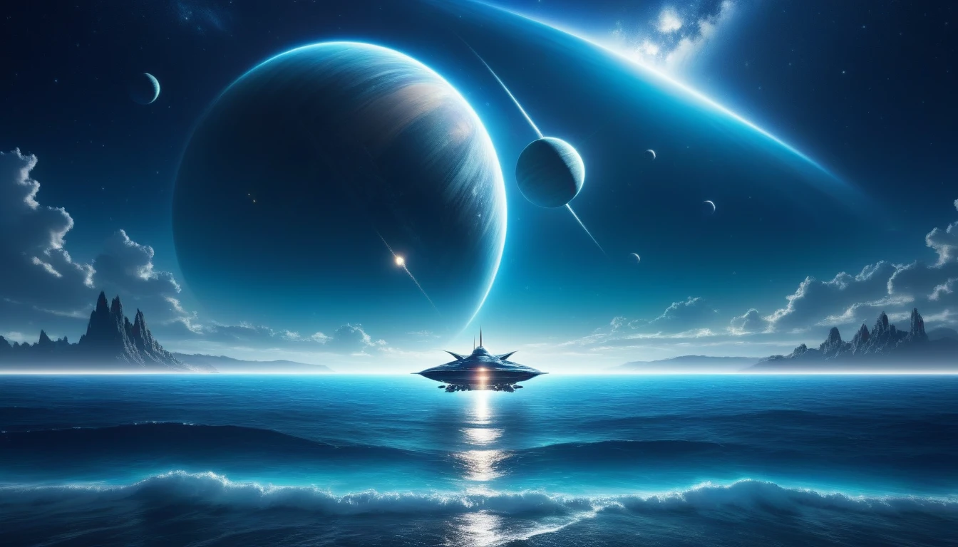 at nigh, front view of a vast, infinite beautiful ocean with clear water with a beautiful majectic planet in the night sky with a futuristic starship in the distance