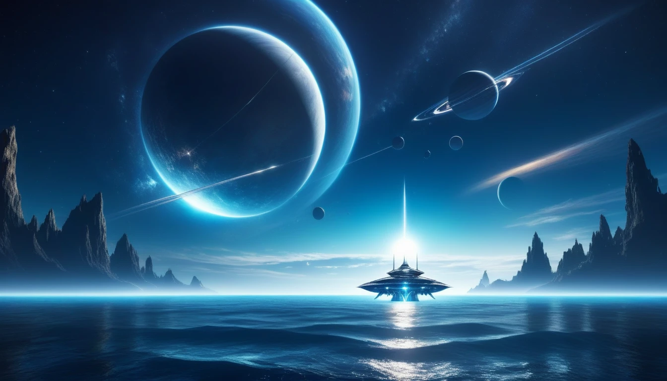 at nigh, front view of a vast, infinite beautiful ocean with clear water with a beautiful majectic planet in the night sky with a futuristic starship in the distance