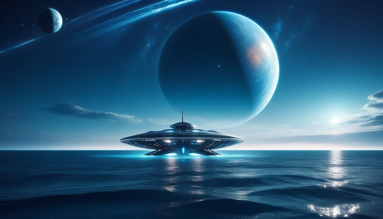 at nigh, front view of a vast, infinite beautiful ocean with clear water with a beautiful majectic planet in the night sky with a futuristic starship in the distance