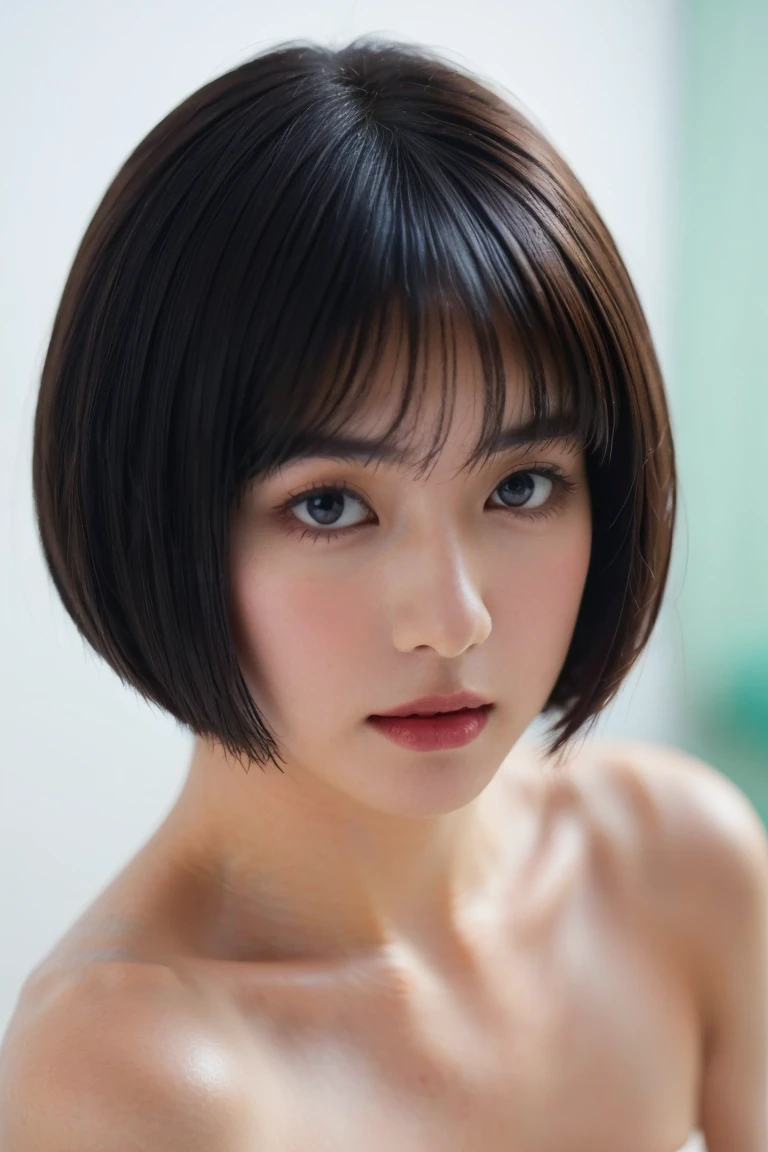 ((Upper Body:1.3)).Blown by the long wind [Blue-black:.3] hair,Looking at the audience,  (8K, Realistic, RAW Photos, Highest quality: 1.4 Japanese, (1 Girl), Beautiful Face, (Realistic face),{Wavy medium hair|Front hair long bob|short hair with long bangs}{Black hair|Brown hair|Blonde hair}, Beautiful hairstyle, Realistic eyes, Beautiful and beautiful eyes, (Realistic skin), Beautiful Skin, charm, Ultra-high resolution, Surreal, Very detailed, Golden Ratio,shame(Blushing:1.3),(Upper Bodyは裸:1.2),Small areola、(I can see your belly button)、(Small eyes)、Nude,just,naked,(White skin),Bobcut、Bathroom、Sit in the bathtub