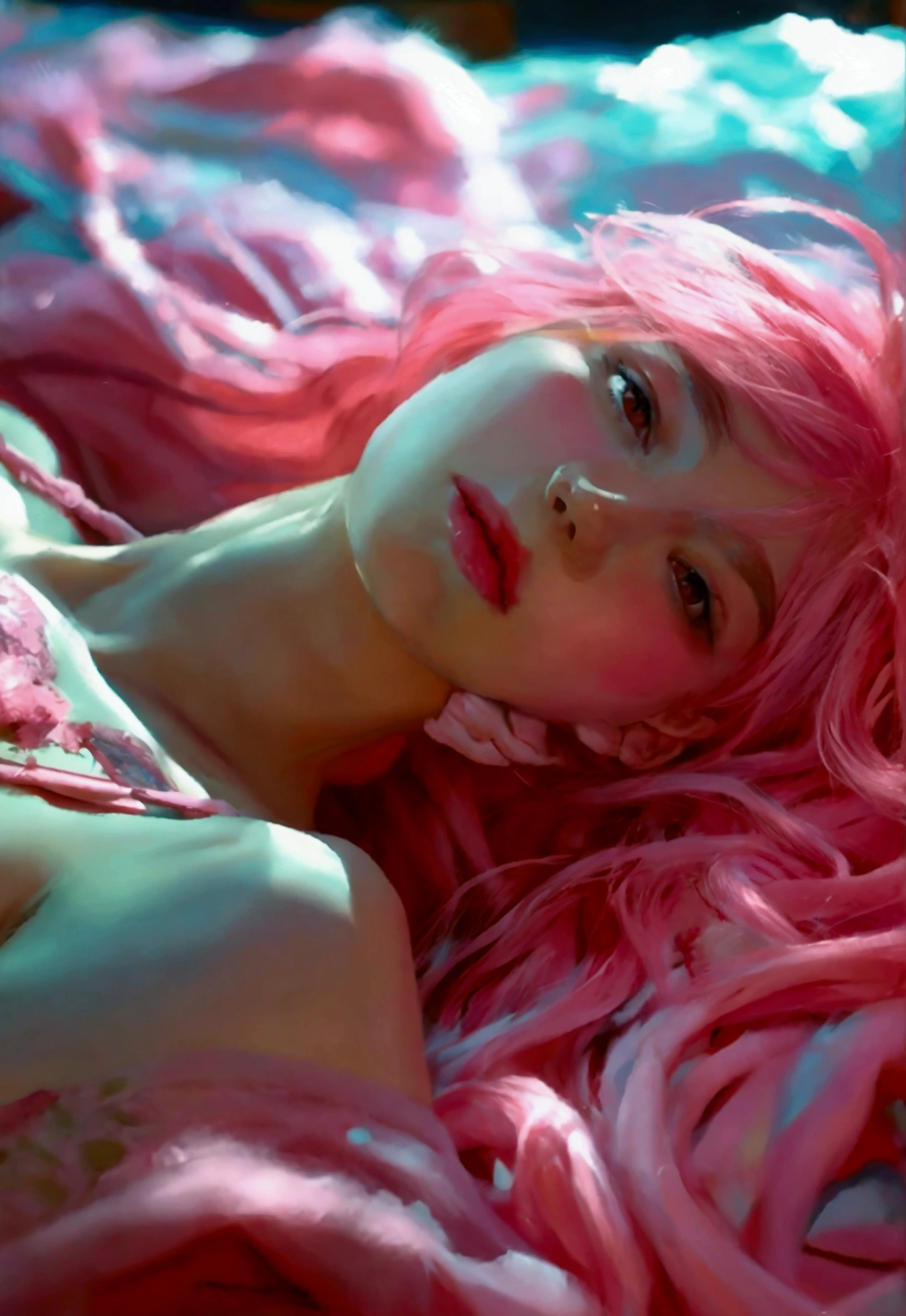 Naked woman, laying rising hand, pink hair