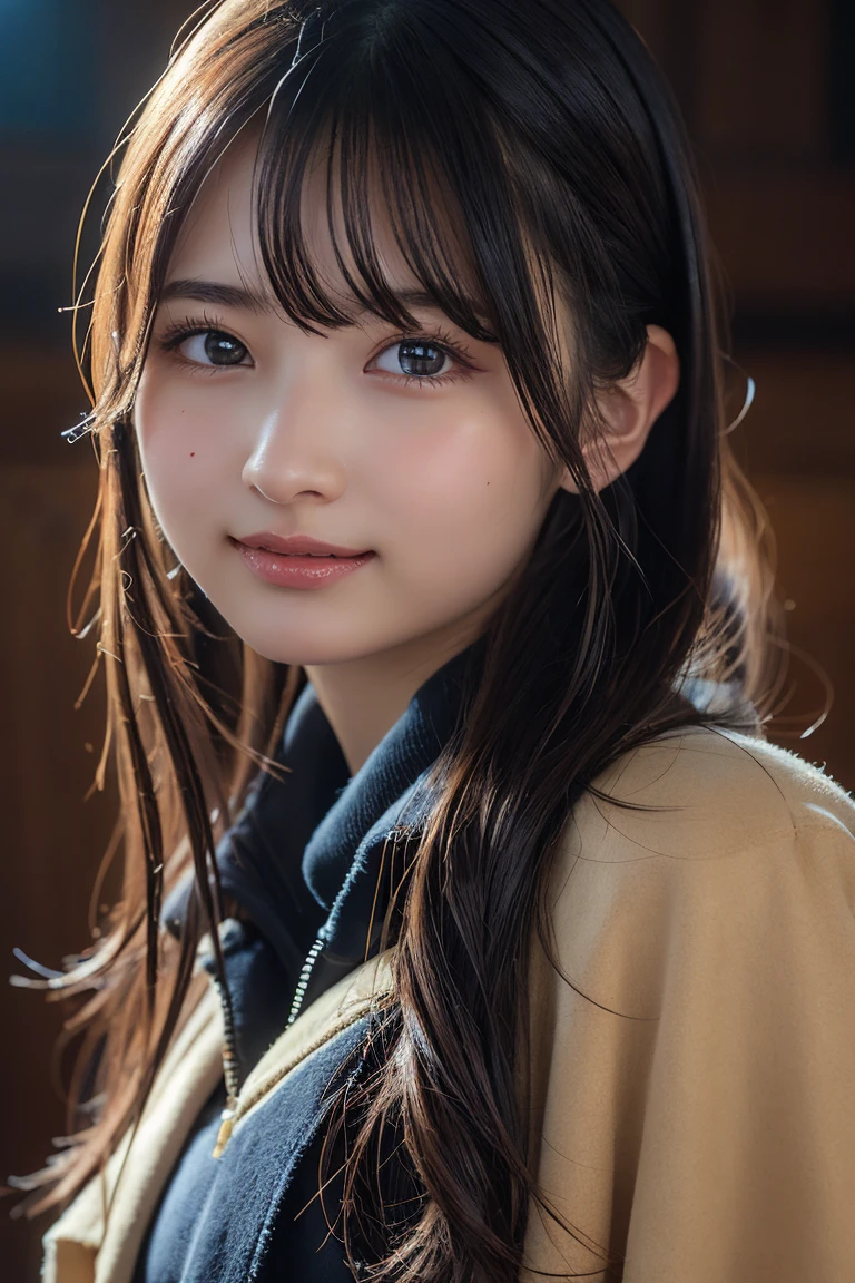 Tabletop, Highest quality, shape, Very detailed, finely, High resolution, 8k wallpaper, 完璧なダイナミックな構shape, Beautiful and detailed, Straight hair, Small breasts, Natural color lip, Random sexy poses,smile,20-year-old girl、Midnight、Beautiful and elaborate face、Perfect and beautiful face,Big eyes、RAW Photos、Expressing feminine poses with the whole body、Beautiful and detailed、Small face、Beautiful Duplex、Slim face and figure,Luxury brand mink coat(Inside：Winter clothes)、Beautiful golden ratio face,Twin ponytail,Bright expression,Shooting with a focus on beautiful legs