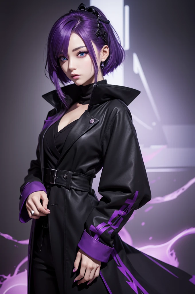 Create a character with purple hair and eyes, in a black amime-style coat