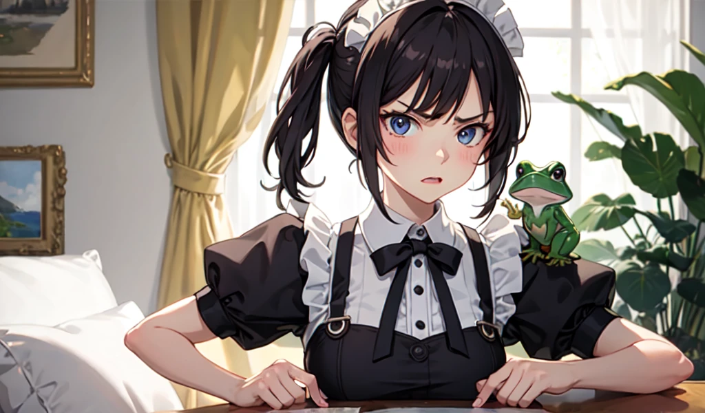 ((best quality)), ((masterpiece)), (detailed), 1girl, Beautiful stylish maid is a little angry,Frog's perspective,Putting hands on hips,Very attractive,,Red hair,Beautiful green eyes,Her face is red and she looks a little embarrassed.