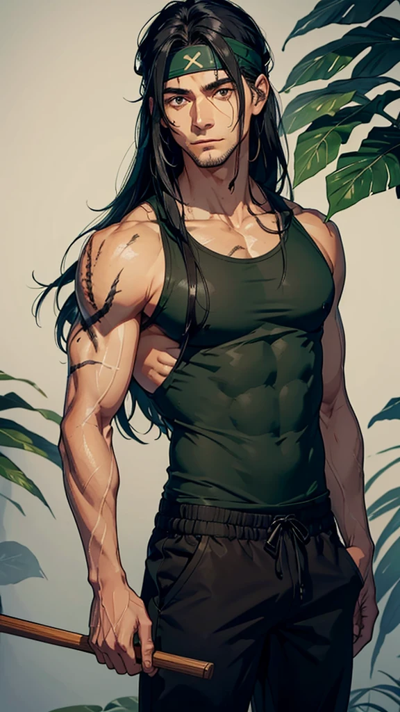 A man around 30 years old, medium height, long black hair slightly messy, eyes can't see with scars around them, tan skin with scars on several parts of the body, athletic and muscular body, green clothes made of snake scale material, long trousers , headband, wooden stick.