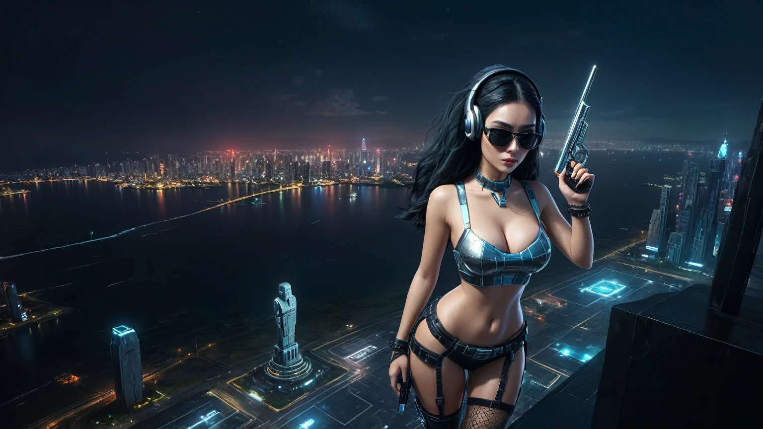At night, dark sky, distant shot aerial view of fantasy cyberpunk style ((Moai-statue)) city, ((flying vehicle)). ((1girl, solo, alone)), medium-breast:1.1 slim body, cleavage, sexy clothes, (headphone, black sunglasses, long black realistic hair), (((hip-up standing and holding pistol))), half-body thigh level medium shot, cinematic lighting.