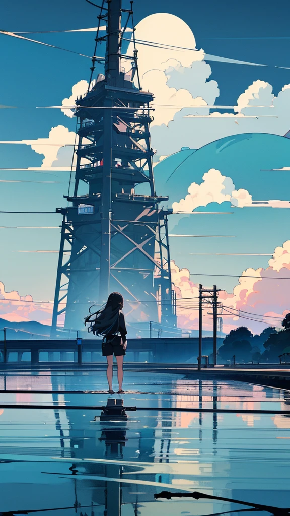 masterpiece, Exquisite detail,Highest quality, One girl, alone, handrail, cloud, buildings,Long Hair, NULL, Long sleeve, Power lines, White footwear, Black Hair, Electric pole, bangs, cloudy NULL, fish, bird, Green Eyes, Shorts, Day, Black Shirt, barefoot,Pitch black,Buildings,High quality anime art style，Standing painting，Splash ink background,Blue Themes,Clear Face,Distinct facial features,Fuji Mountain,Fuji Mountain,Buildings in Tokyo,Looking at me,View from behind,sitting in water,Bright sky,Daytime,Looking straight ahead,Future City,train,Railroad crossing,morning,A train running on the tracks,the sun and the moon,blue sky