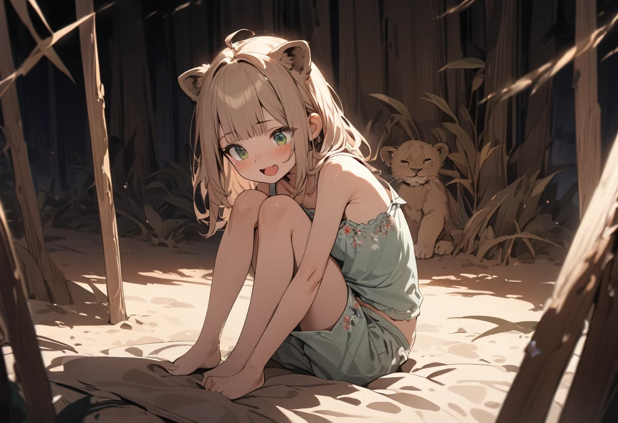 ((Masterpiece)), ((best quality)), (ultra-detailed), ((kawaii)), ((extremely detailed)), 4K, (8K), (super detail:1.2),(High Definition:1.3), (Professional Photography:1.2), (wide shot), cinematic lighting, (very aesthetic:1.2), (absurdres:1.2), (sharp focus), (perfect light), ((1girl)), (()), (put on lion ears), cute lion girl, ((Embroidered cute camisole)), strap slip down, cute boxer shorts, (Big Laughing), open mouth wide, (Beautiful green eyes), (small chest), (bare arms), cute navel, Healthy skin, (Healthy slim body), (loose blunt bangs), silky and straight hair, (medium hair), ((pale brown hair)), BREAK, ((best quality)), (very aesthetic:1.2), (absurdres:1.2), ((extremely detailed)), holding my knees, hugging own legs, ((loose sitting on the Savanna sand)), (Dry atmosphere), vast savannas,