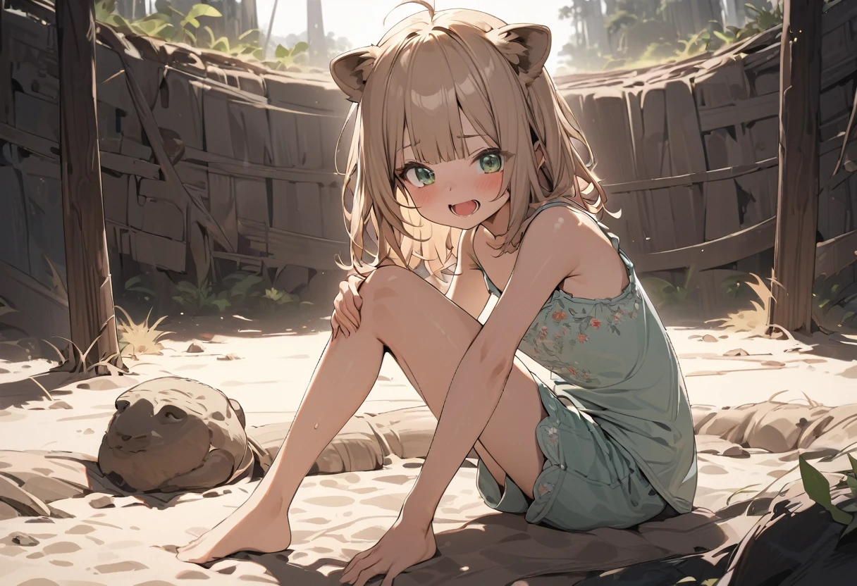 ((Masterpiece)), ((best quality)), (ultra-detailed), ((kawaii)), ((extremely detailed)), 4K, (8K), (super detail:1.2),(High Definition:1.3), (Professional Photography:1.2), (wide shot), cinematic lighting, (very aesthetic:1.2), (absurdres:1.2), (sharp focus), (perfect light), ((1girl)), (()), (put on lion ears), cute lion girl, ((Embroidered cute camisole)), strap slip down, cute boxer shorts, (Big Laughing), open mouth wide, (Beautiful green eyes), (small chest), (bare arms), cute navel, Healthy skin, (Healthy slim body), (loose blunt bangs), silky and straight hair, (medium hair), ((pale brown hair)), BREAK, ((best quality)), (very aesthetic:1.2), (absurdres:1.2), ((extremely detailed)), holding my knees, hugging own legs, ((loose sitting on the Savanna sand)), (Dry atmosphere), vast savannas,