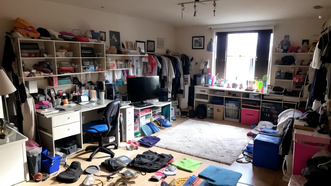 very untidy room , lit visible , realistic