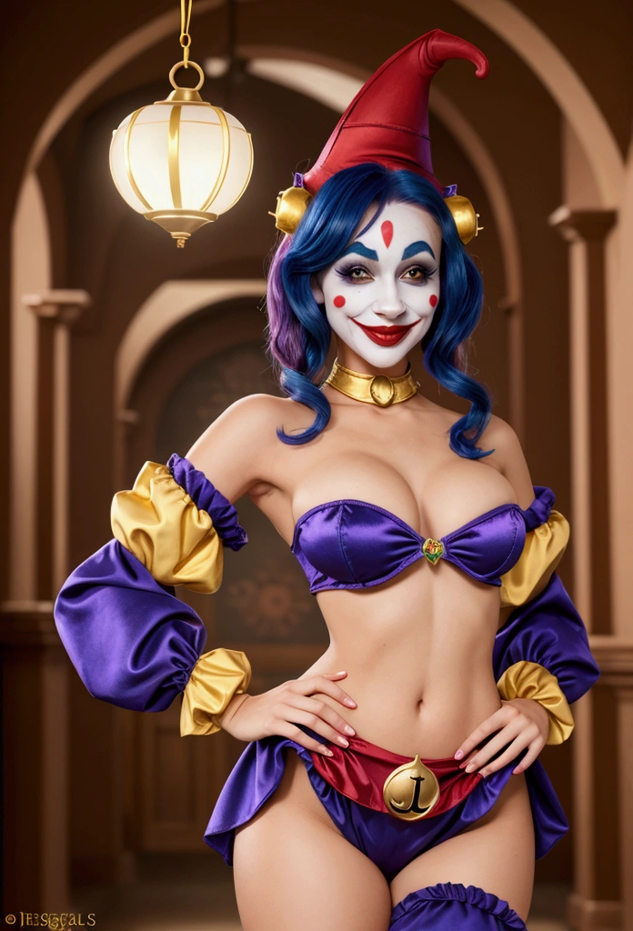 Create the image of a sexy female character dressed as a jester (jester or jester) with a more realistic and human appearance, and a sexy touch. The character must have a vibrant and colorful jester costume, but with a jester hat with ornamental bells. She should have a more seductive and confident pose, against a festive background with gold coins or a casino environment. The overall look should maintain the playful essence of a joker, but with a more human and sexy approach, highlighting your sensuality.