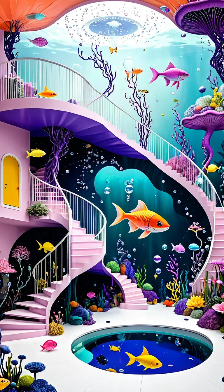 &quot;Dick Ellescas Artist Style&quot;,3D transparent swimming pool，沐浴的章fish，Platform、Starry Sky、fish、Tentacles、bird、Eye、Soap bubbles，diatom，Spiral Staircase，Stitching together an abstract painting，Sense of space，White Space，interesting，Innocence，Psychedelic Art，Pink theme，Bold contrasts，Purple and Orange