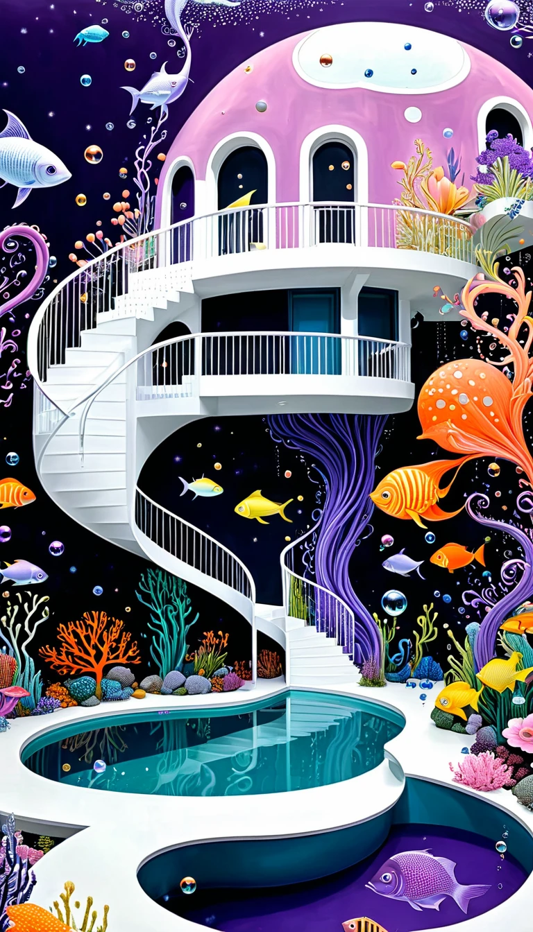 "Dick Ellescas Artist Style",3D transparent swimming pool,沐浴的章fish,Platform、Starry Sky、fish、Tentacles、bird、Eye、Soap bubbles,diatom,Spiral Staircase,Stitching together an abstract painting,Sense of space,White Space,interesting,Innocence,Psychedelic Art,Pink theme,Bold contrasts,Purple and Orange