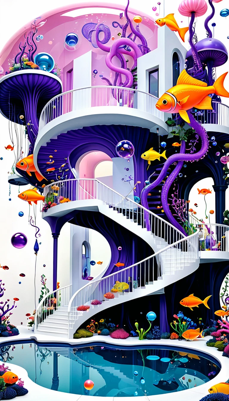 "Dick Ellescas Artist Style",3D transparent swimming pool,沐浴的章fish,Platform、Starry Sky、fish、Tentacles、bird、Eye、Soap bubbles,diatom,Spiral Staircase,Stitching together an abstract painting,Sense of space,White Space,interesting,Innocence,Psychedelic Art,Pink theme,Bold contrasts,Purple and Orange