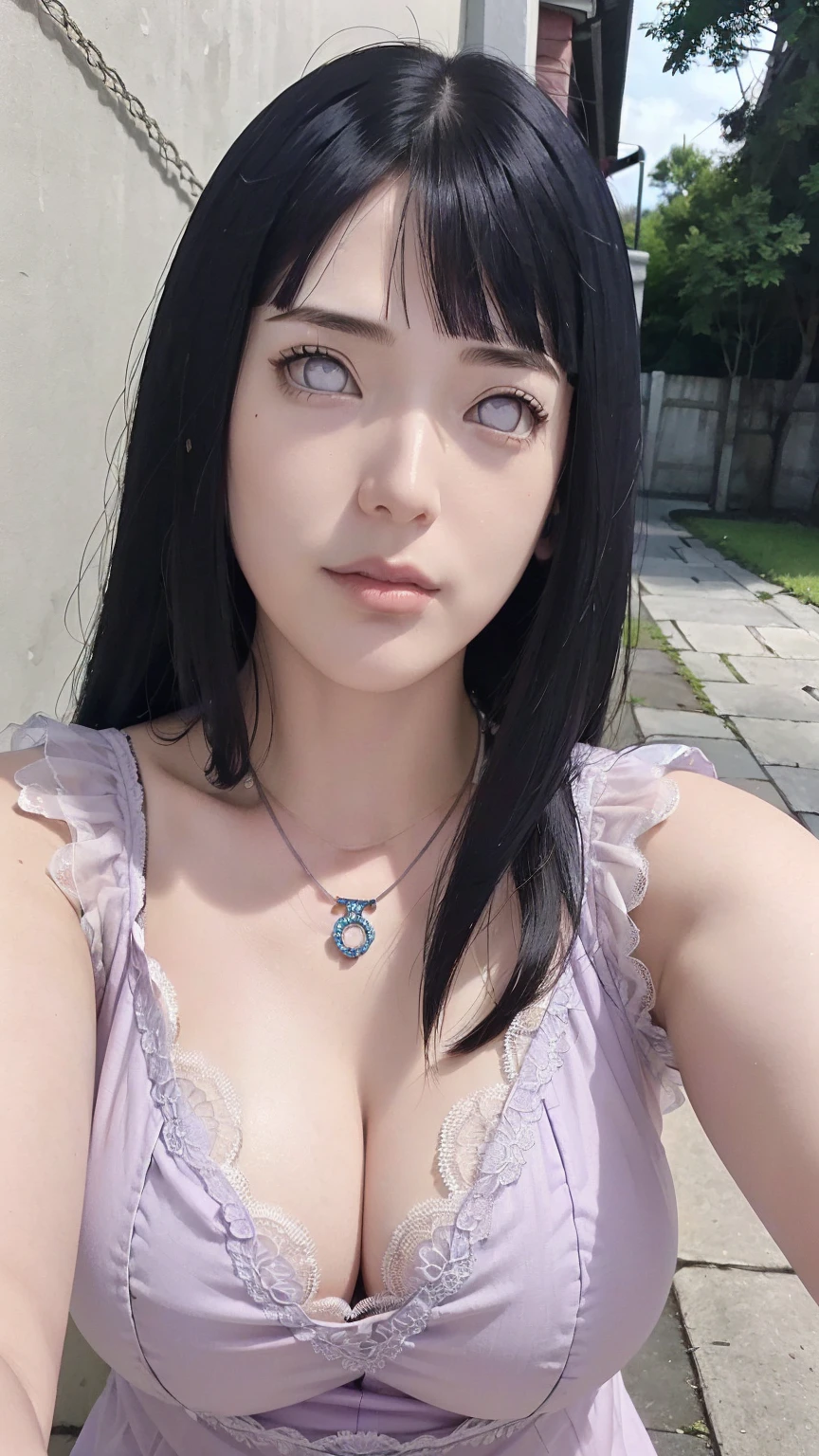 masterpiece, hinata\(boruto\), 1girl, mature women, (((light purple cotton lace nightgown))), (((Close-up photo))), (((selfie))), (((cleavage))), (((Closed Clothing))), (((big breasts))), (((giant breasts))), (((big round breasts))), (((round breasts))), (((extremely heavy breasts))), (((Colossal tits))), (((heavy breasts))), (((plump breasts))), (((perfect breasts))), (((very round breasts))), (((outdoor))), (shy face), detailed lips, beautiful face, blush, (pink lips), (((long hair))), (((necklace))), white eyes, gentle gaze, smile, super realistic, detailed, realistic face and body, realistic hair, realistic eyes, realistic nose, realistic lips, seductive pose, (((straight bangs))), (dark blue hair), 28 year old girl