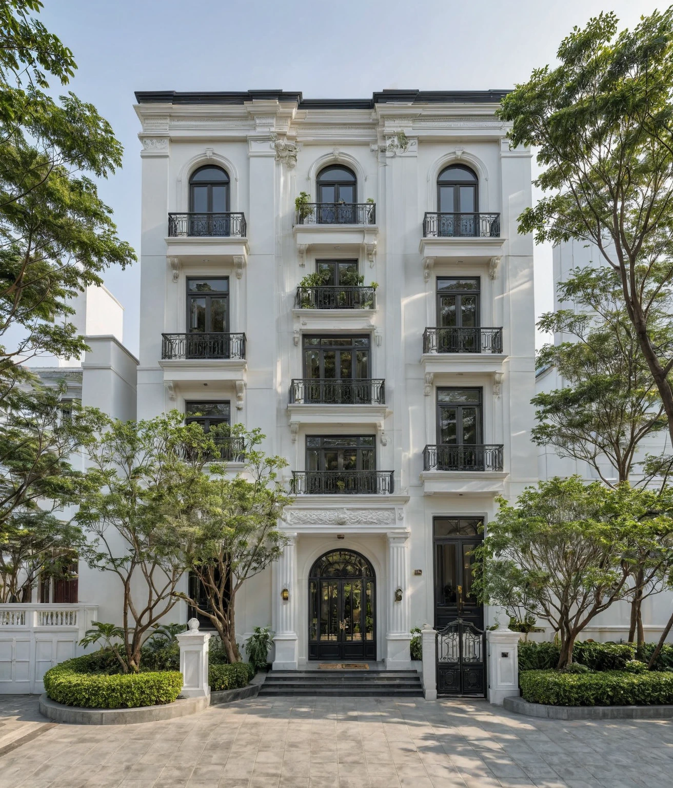 RAW photo,Neoclassical house exterior, Inspired by French architecture, neoclassical style, white, ((Very detailed sculpted moldings at the top of columns and walls)), roof French style house, townhouse in residential area, Building located in a residential area in Hanoi urban area Vietnam, white facade, gray door and gray window facing the street, black steel railing, warm yellow light, (sidewalk), (sidewalk tree), (gate), (surreal), (super detail: 1.5), clean white sky, natural light, (road architecture curl:1.2), (sharpen:1.2), 8k uhd, dslr, soft light, high quality, film grain, Fujifilm XT3