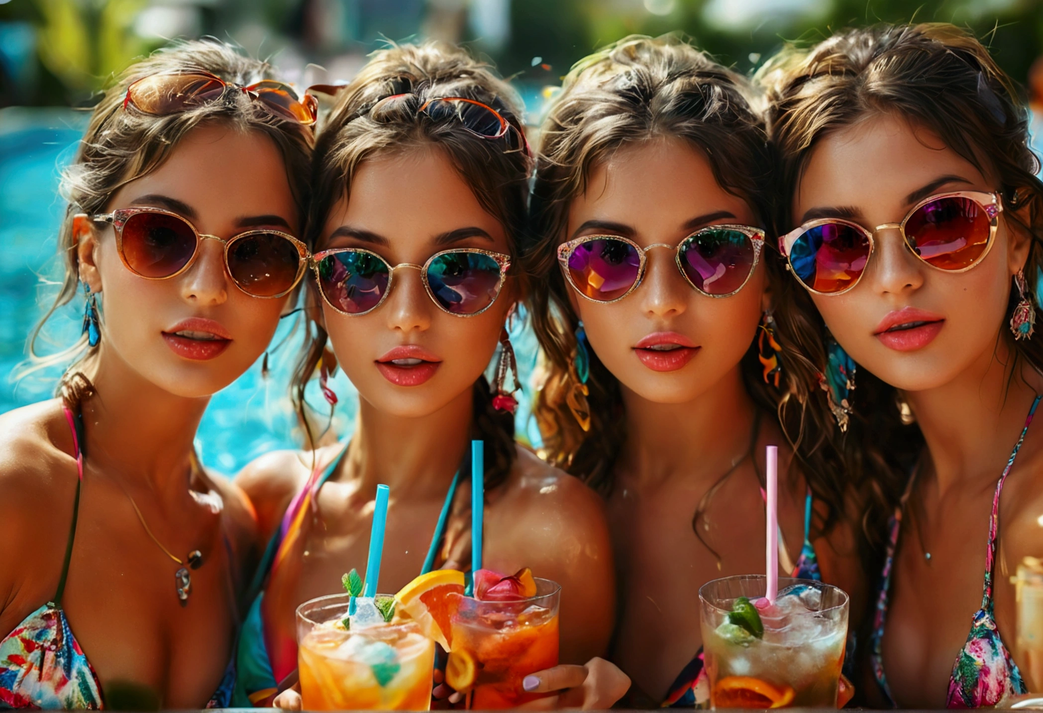 A group of beautiful girls in colorful bikinis, everyone is enjoying a pool party, beautiful detailed eyes, beautiful detailed lips, extremely detailed eyes and face, long eyelashes, stylish sunglasses:1.2, Everyone have their own cocktail:1.2, enjoying dancing, enjoying drinks, by a high-end pool, swimming, fun vibrant summer party, fun summer memories, (highest quality,16k,highres,masterpiece:1.2),ultra-detailed,(ultra-realistic,photo-realistic:1.37),HDR,UHD,studio lighting,ultra-fine painting,sharp focus,physically-based rendering,extreme detail description,professional,vivid colors,bokeh,photography