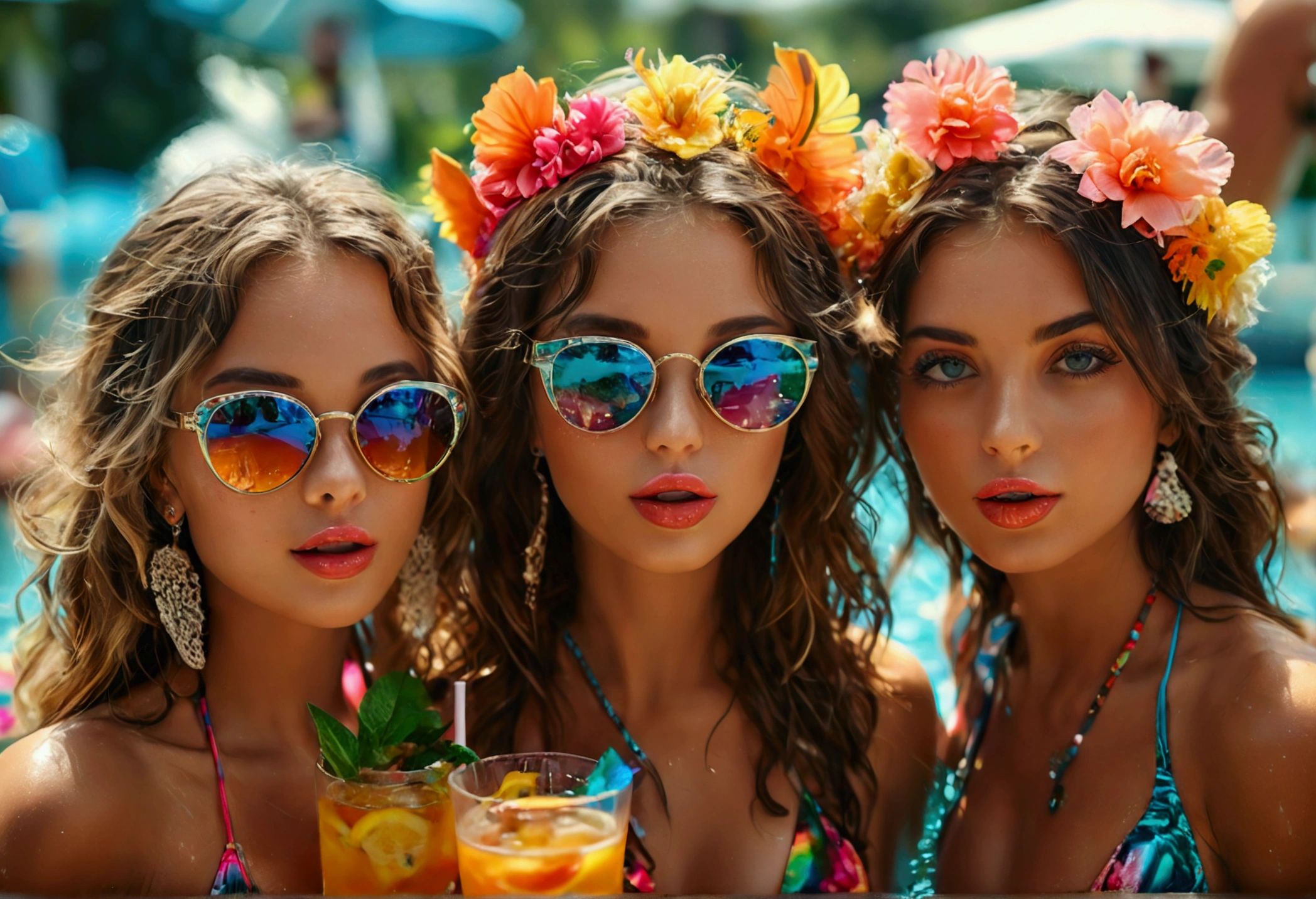 A group of beautiful girls in colorful bikinis, everyone is enjoying a pool party, beautiful detailed eyes, beautiful detailed lips, extremely detailed eyes and face, long eyelashes, stylish sunglasses:1.2, Everyone have their own cocktail:1.2, enjoying dancing, enjoying drinks, by a high-end pool, swimming, fun vibrant summer party, fun summer memories, (highest quality,16k,highres,masterpiece:1.2),ultra-detailed,(ultra-realistic,photo-realistic:1.37),HDR,UHD,studio lighting,ultra-fine painting,sharp focus,physically-based rendering,extreme detail description,professional,vivid colors,bokeh,photography