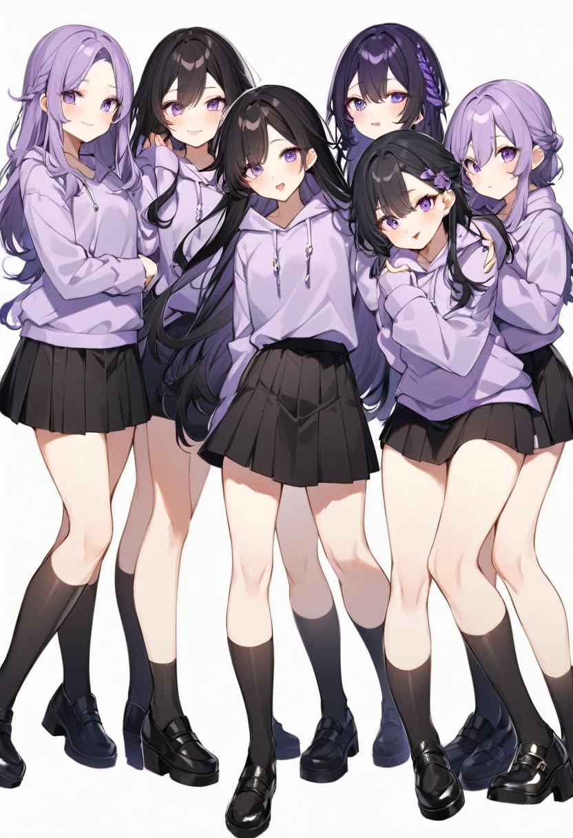 Keito。Purple hoodie。Black Skirt。Purple Eyes。Black Hair。Black shoes下。Black shoes。6 sistery eldest daughter has lavender hair.。all female。Sextuplets