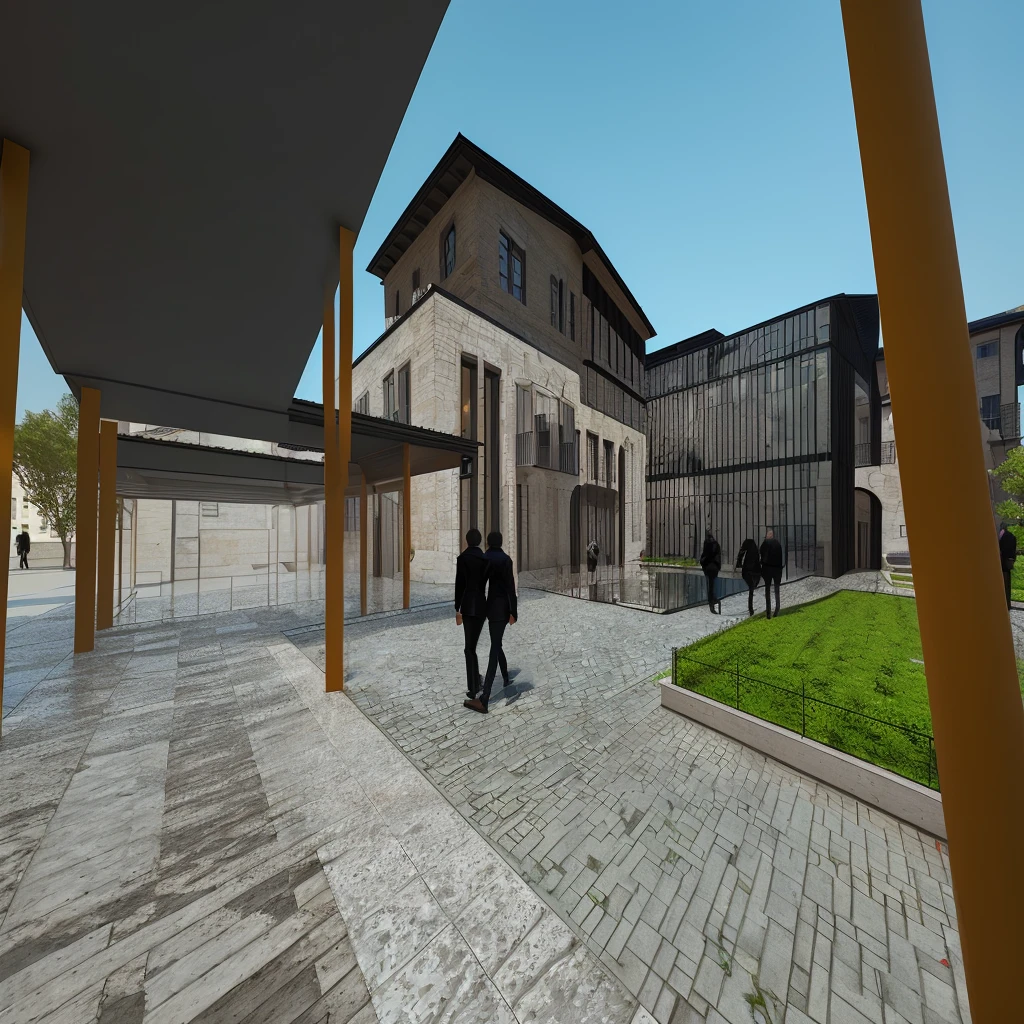 rendering of a courtyard with people walking around and a building, digital rendering, conceptual rendering, artists impression, detailed rendering, architectural render, rendering, a digital rendering, 3d rendering, 3 d rendering, perspective view, high detail render, detailed render, rendered 3d model, final render, view from ground level, complex 3 d render, complex 3d render