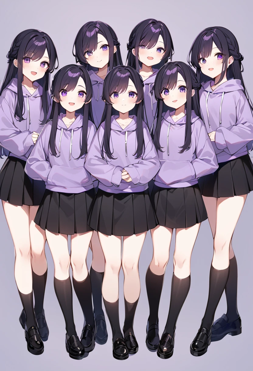 Keito。Purple hoodie。Black Skirt。Purple Eyes。Black Hair。Black shoes下。Black shoes。6 sistery eldest daughter has lavender hair.。all female。Sextuplets